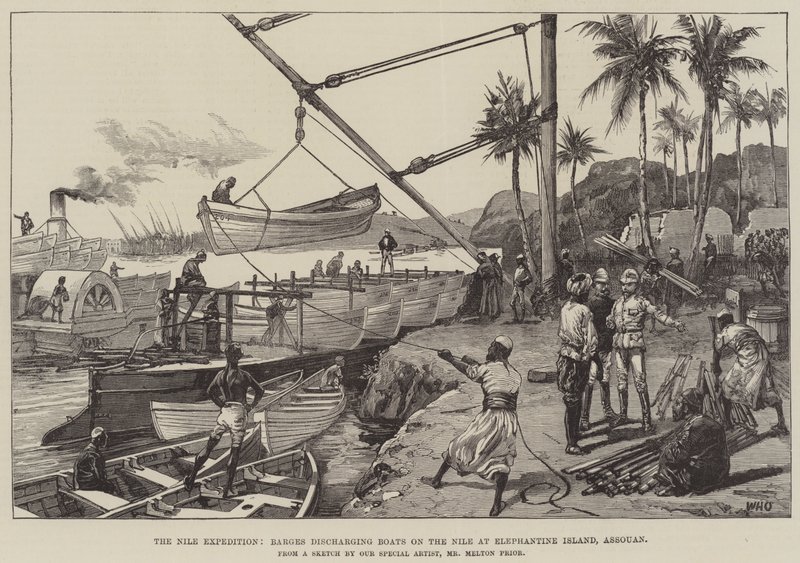 Nile-ekspedisjonen, lektere som losser båter på Nilen ved Elephantine Island, Assouan av William Heysham Overend