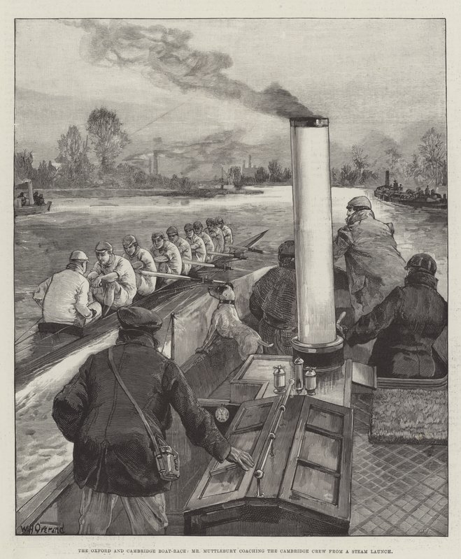 Oxford og Cambridge Boat-Race, Mr Muttlebury trener Cambridge Crew fra en Steam Launch av William Heysham Overend
