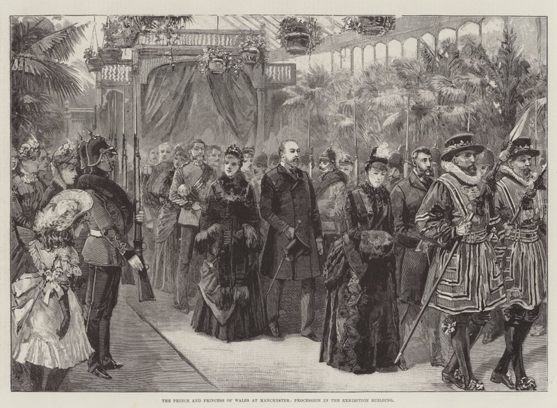 Prinsen og prinsessen av Wales i Manchester, prosesjon i utstillingsbygningen av William Heysham Overend