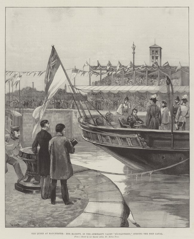 Dronningen i Manchester, Hennes Majestet, i Admiralty Yacht Enchantress, åpner skipskanalen av William Heysham Overend