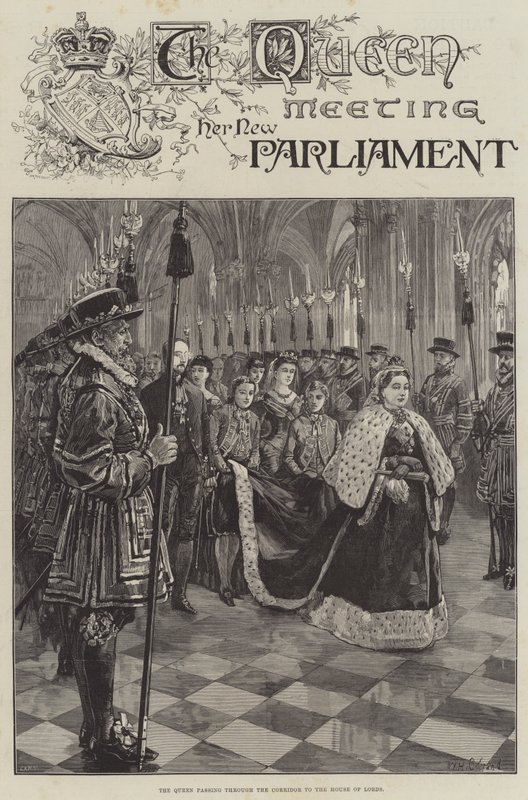 Dronningen møter sitt nye parlament og passerer gjennom korridoren til House of Lords av William Heysham Overend