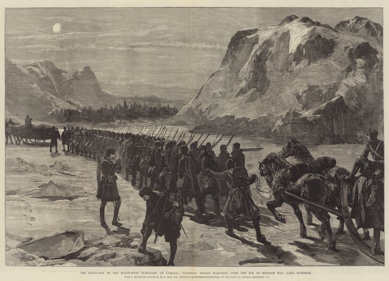 Opprøret i Canadas nordvestlige territorium, kolonitropper som marsjerer over isen i Nepigon Bay, Lake Superior av William Heysham Overend