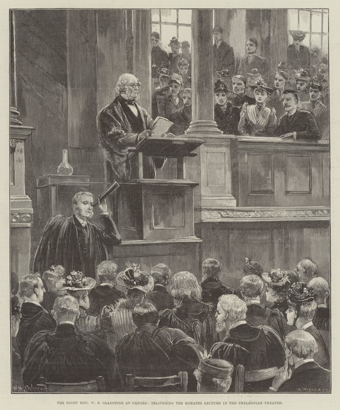 The Right Honorable W E Gladstone i Oxford, og holdt Romanes-forelesningen i Sheldonian Theatre av William Heysham Overend