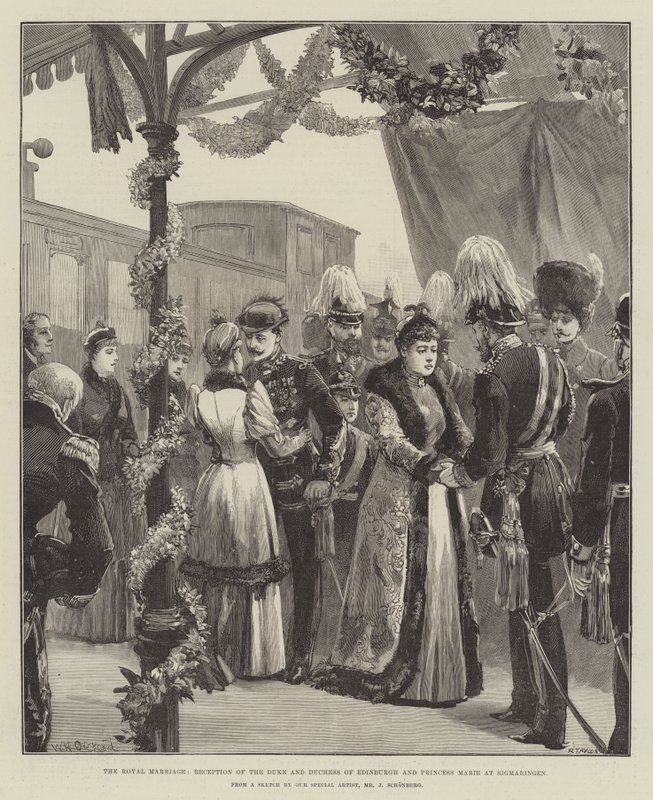 Det kongelige ekteskapet, mottakelse av hertugen og hertuginnen av Edinburgh og prinsesse Marie på Sigmaringen av William Heysham Overend
