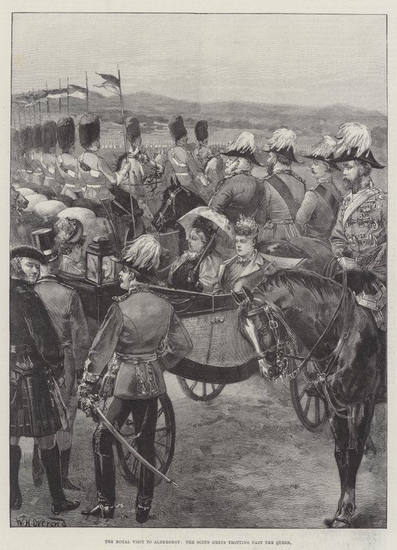Det kongelige besøket i Aldershot, Scots Greys traver forbi dronningen av William Heysham Overend