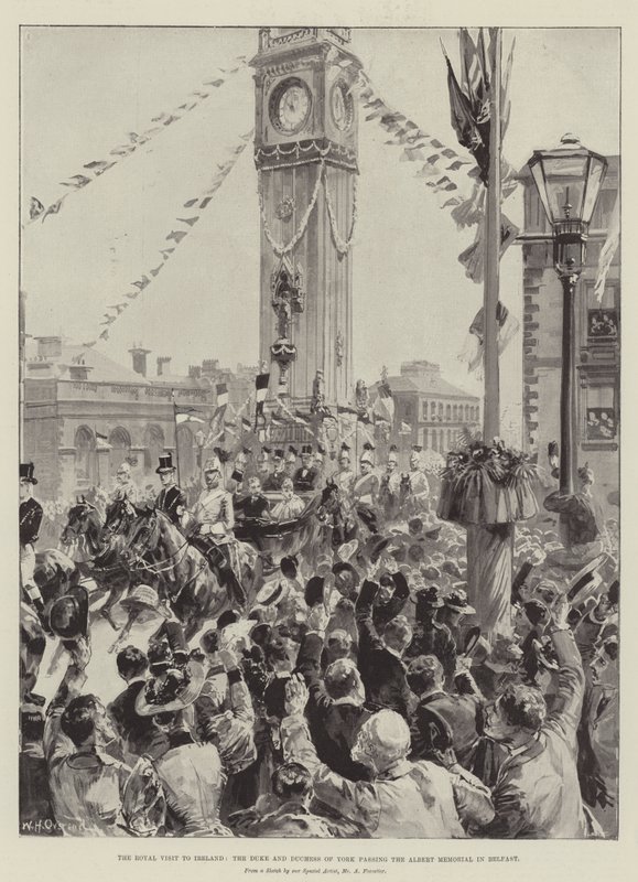 Det kongelige besøket til Irland, hertugen og hertuginnen av York passerte Albert Memorial i Belfast av William Heysham Overend