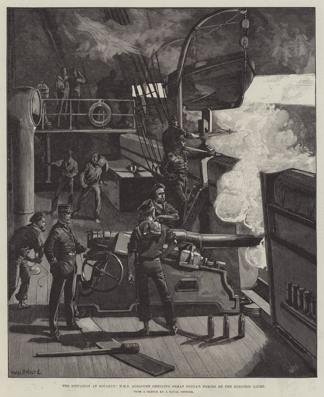 Situasjonen ved Souakim, HMS Albacore beskyter Osman Dignas styrker med det elektriske lyset av William Heysham Overend