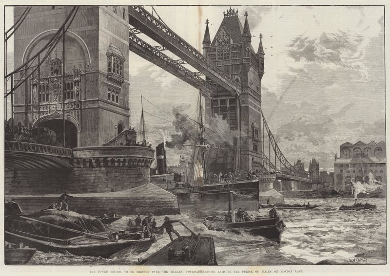 Tower Bridge, som skal reises over Themsen, grunnsteinen ble lagt av prinsen av Wales mandag sist av William Heysham Overend