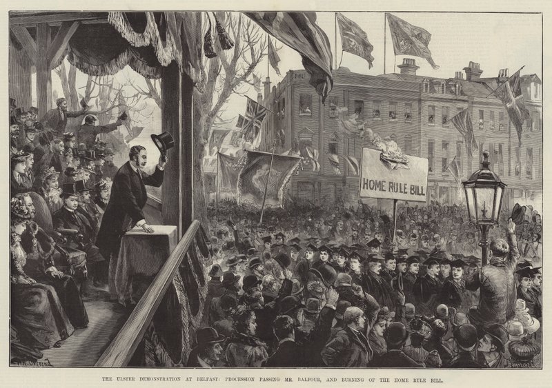 Ulster-demonstrasjonen i Belfast, prosesjon som passerte Mr Balfour, og brenning av hjemmestyreloven av William Heysham Overend