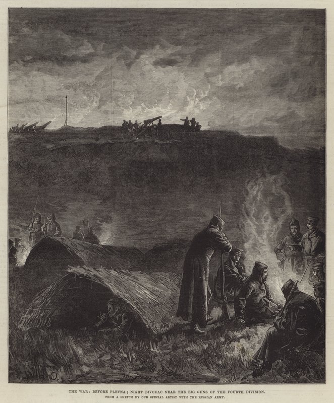 Krigen, før Plevna; Night Bivouac nær Big Guns of the Fourth Division av William Heysham Overend