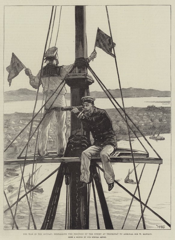 Krigen i Soudan, som signaliserer fiendens posisjon ved Trinkitat til admiral Sir W Hewett av William Heysham Overend