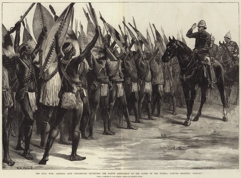 Zulu-krigen, general Lord Chelmsford gjennomgår den innfødte kontingenten på bredden av Tugela, innfødte som roper H-H-Ooo! av William Heysham Overend