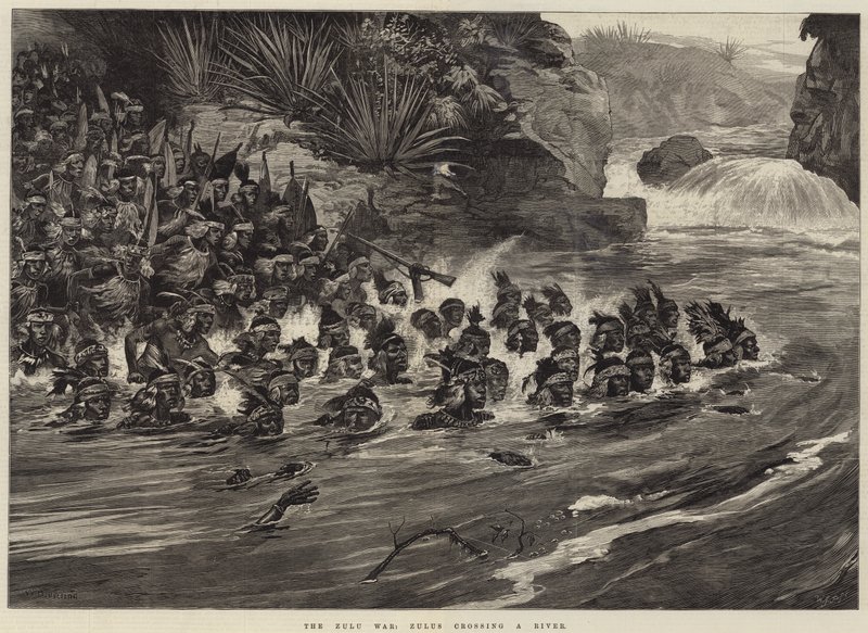 Zulukrigen, Zuluer som krysser en elv av William Heysham Overend
