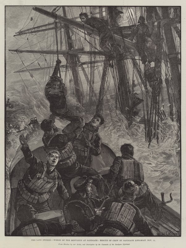The late Storms, Wreck of the Benvenue at Sandgate, Rescue of Crew av Sandgate Life-Boat, 11. november av William Heysham Overend