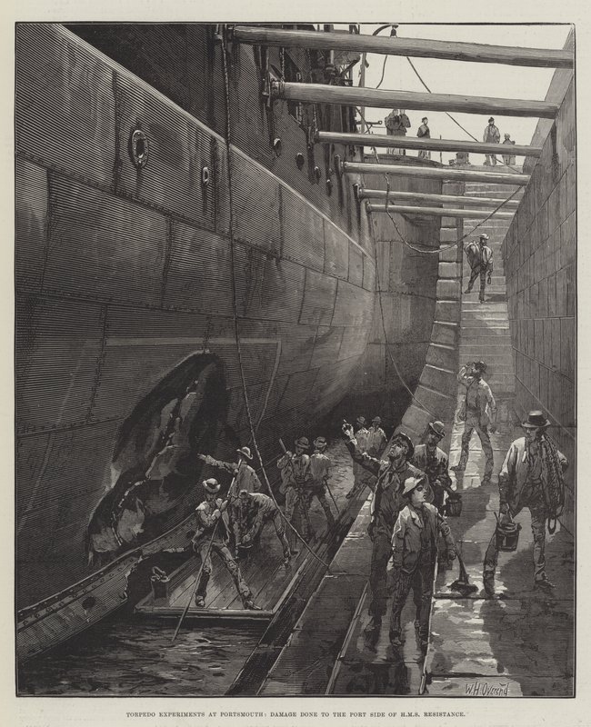 Torpedoeksperimenter i Portsmouth, skade gjort på babord side av HMS Resistance av William Heysham Overend