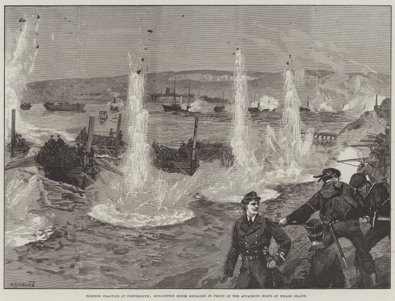Torpedoøvelse i Portsmouth, Gun-Cotton Mines eksploderte foran de angripende båtene på Whale Island av William Heysham Overend