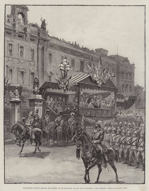 Frivillig gjennomgang før dronningen på Buckingham Palace Sist lørdag marsjerte Artists' Corps forbi av William Heysham Overend