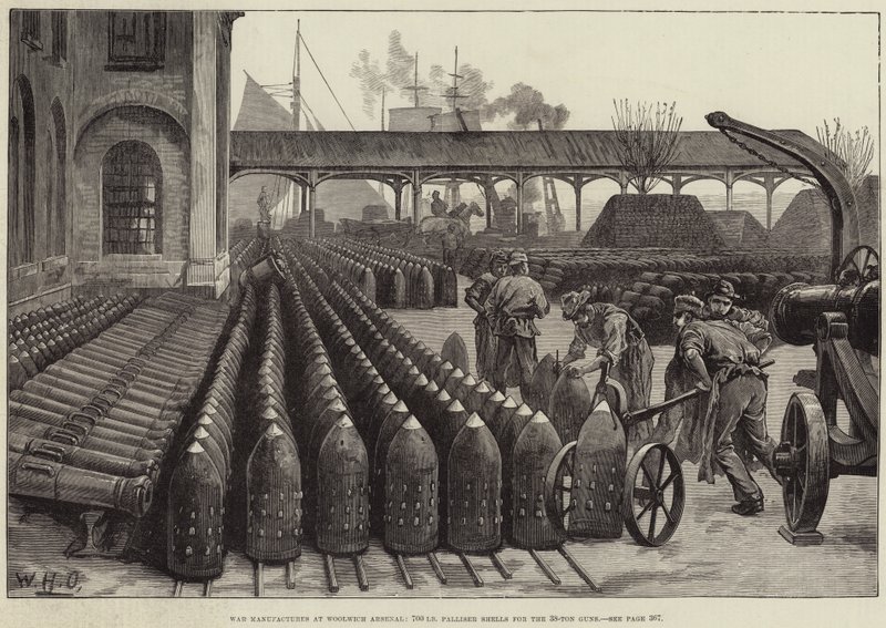 Krigsprodusenter ved Woolwich Arsenal, 700 lb palliserskaller for 38-tonns kanoner av William Heysham Overend