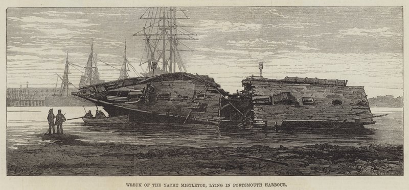 Vraket av yachtmistelen, liggende i Portsmouth havn av William Heysham Overend