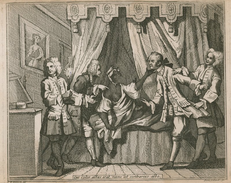 Han som nå var en hvit farge er det motsatte av hvit; Fire menn konfronterer en svart kvinne på soverommet hennes av William Hogarth