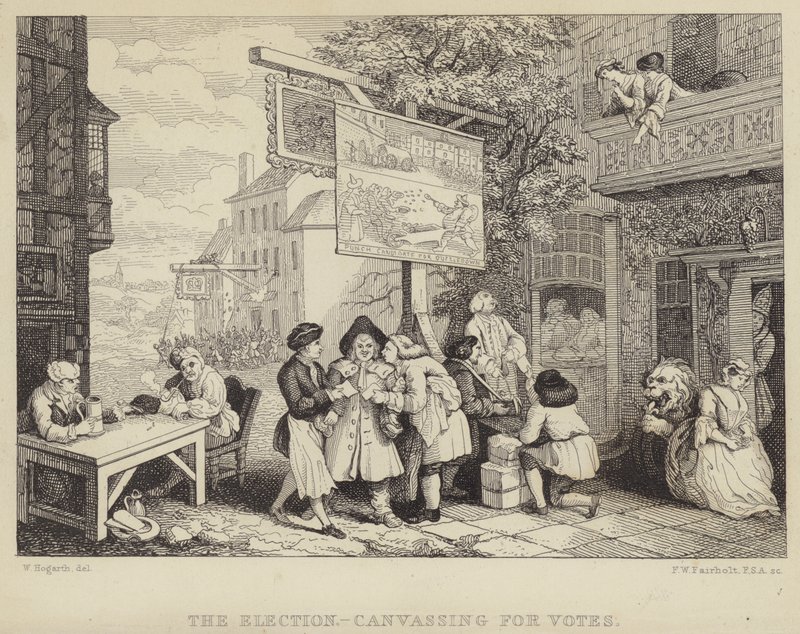 The Election - Canvassing for Votes: satire over parlamentsvalget i 1755, en av en serie på fire med tittelen Humors of an Election av William Hogarth