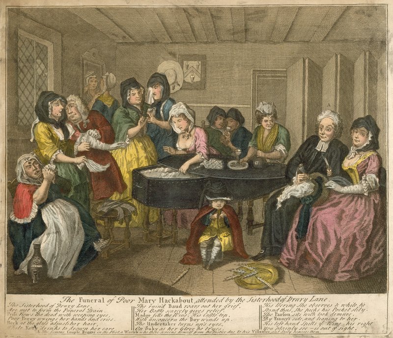 The Funeral of Poor Mary Hackabout, deltatt av søsterskapet til Drury Lane av William Hogarth