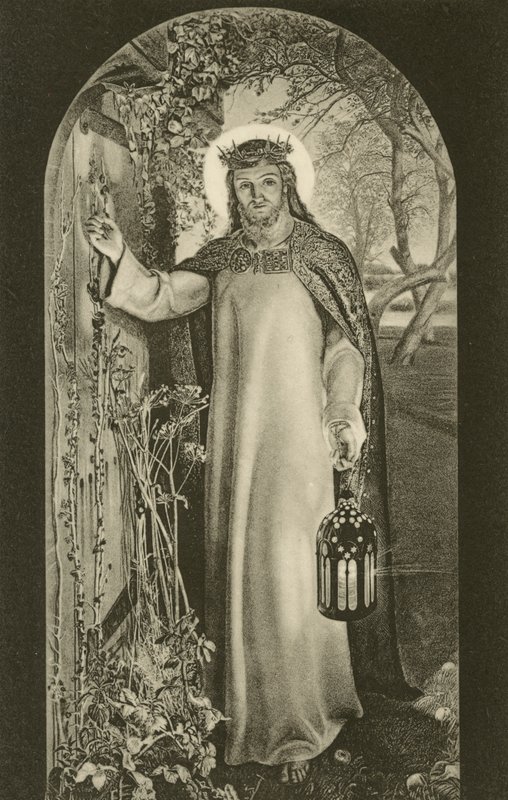 The Light of the World, maleri i Keble College, Oxford, Oxfordshire, som viser Kristus som bærer en lykt og banker på en dør (s/hv-bilde) av William Holman (after) Hunt