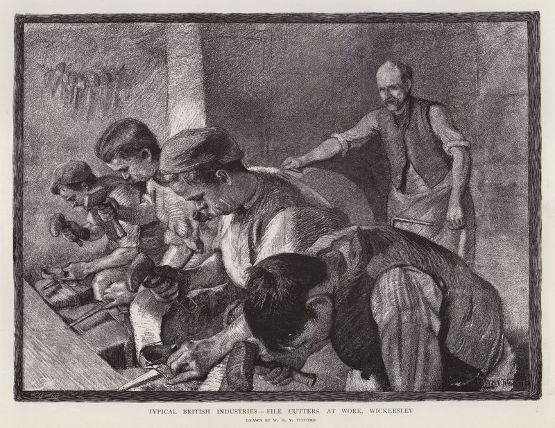 Filkuttere på jobb, Wickersley, South Yorkshire (litho) av William Holt Yates (after) Titcomb