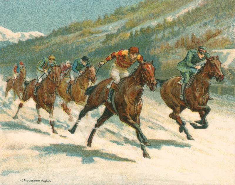 Racer historiske og moderne, flate løp (hest) på is (chromolitho) av William Hounsom Byles