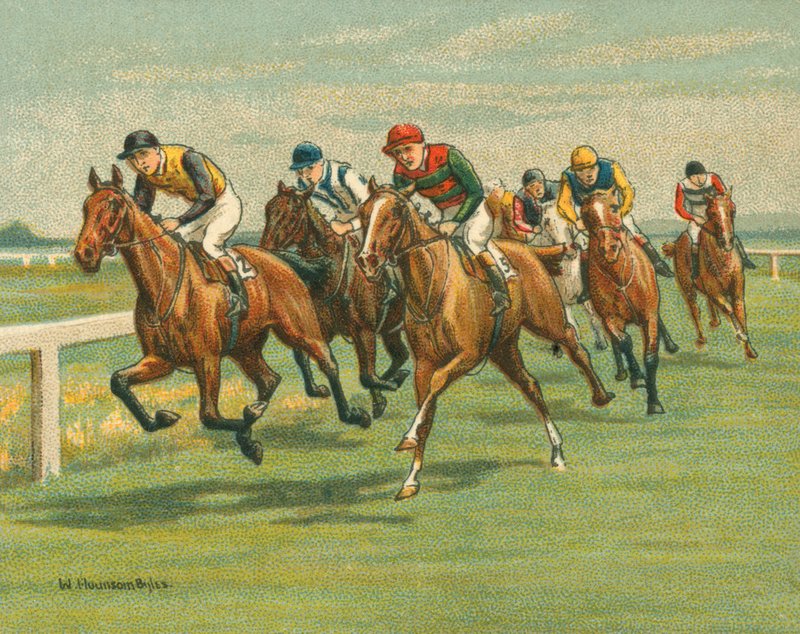 Løp historisk og moderne, flatt løp, hest, moderne (chromolitho) av William Hounsom Byles