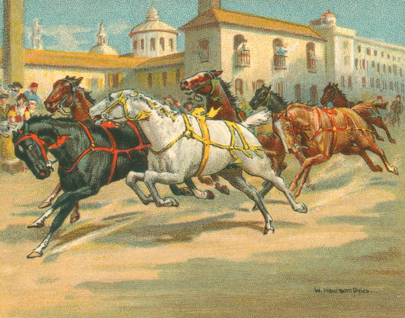 Løper historiske og moderne, rytterløse hesteveddeløp i Italia (chromolitho) av William Hounsom Byles
