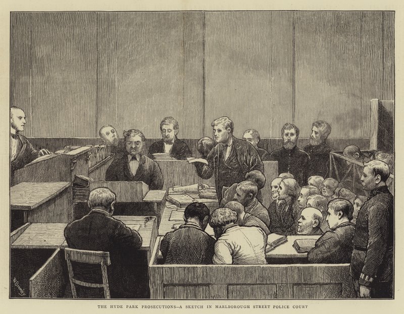 Hyde Park Prosecutions, en skisse i Marlborough Street Police Court av William III Bromley