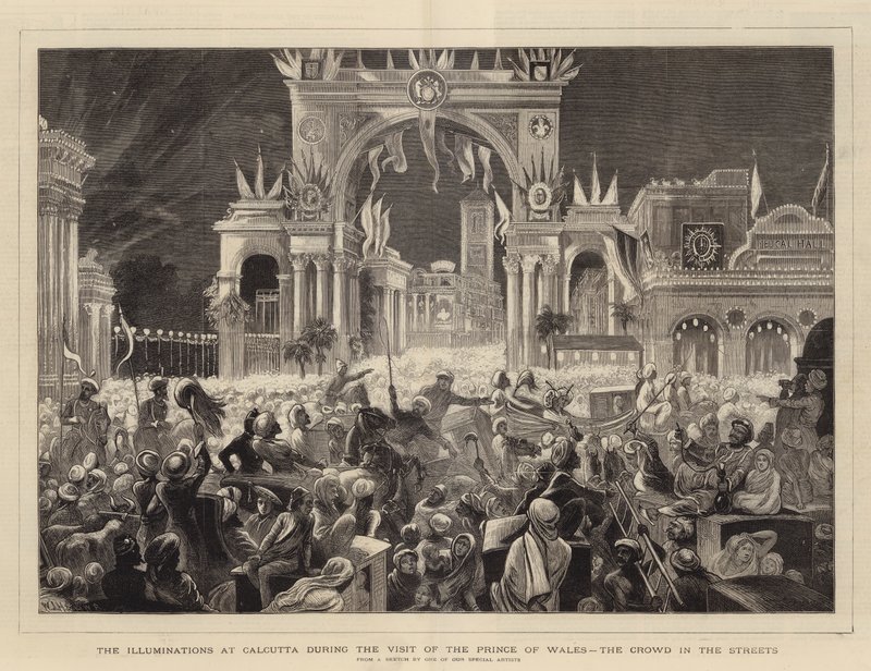 The Illuminations at Calcutta under besøket til Prince of Wales, the Crowd in the Streets av William John Hennessy