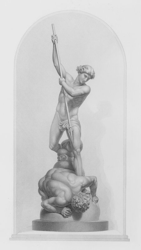 Michael og Satan, fra gruppen i marmor av Flaxman, RA, gravert av W Roffe (gravering) av William John Roffe