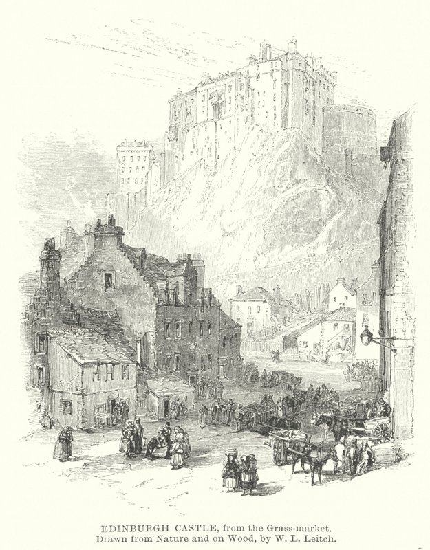 Edinburgh Castle, fra Grass-markedet (gravering) av William Leighton (after) Leitch