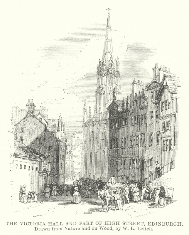 Victoria Hall og en del av High Street, Edinburgh (gravering) av William Leighton (after) Leitch