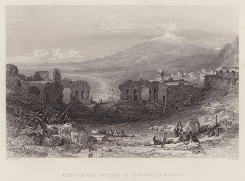 Ruinene av teatret i Taormina og Mount Aetna (gravering) av William Leighton Leitch