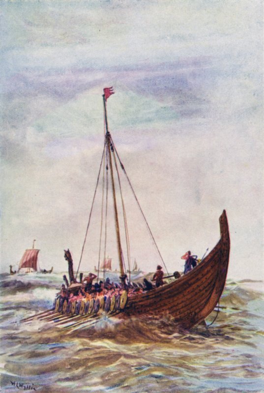 Krigsskip fra kong Alfreds tid (farge litho) av William Lionel (after) Wyllie
