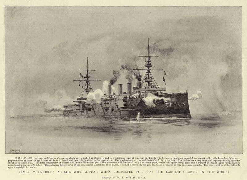 H M S Forferdelig som hun vil vises når den er fullført for Sea, den største krysseren i verden av William Lionel Wyllie