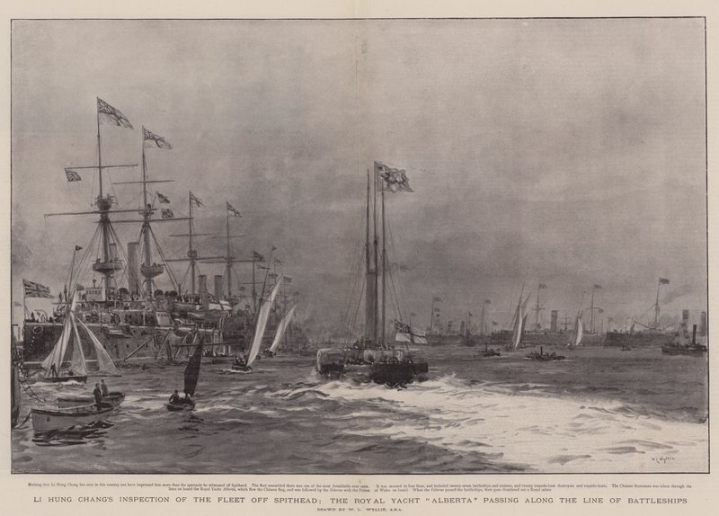 Li Hung Changs inspeksjon av flåten utenfor Spithead, Royal Yacht Alberta som passerer langs linjen med slagskip av William Lionel Wyllie