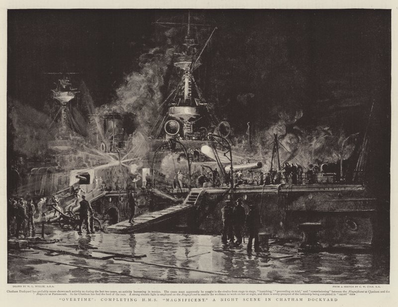 Overtid, fullfører HMS Magnificent, en nattscene i Chatham Dockyard av William Lionel Wyllie