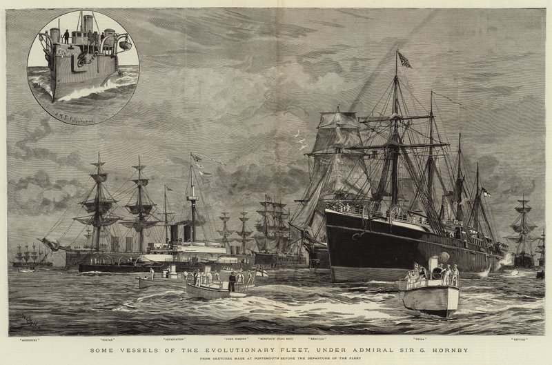 Noen fartøyer fra evolusjonsflåten, under admiral Sir G Hornby av William Lionel Wyllie