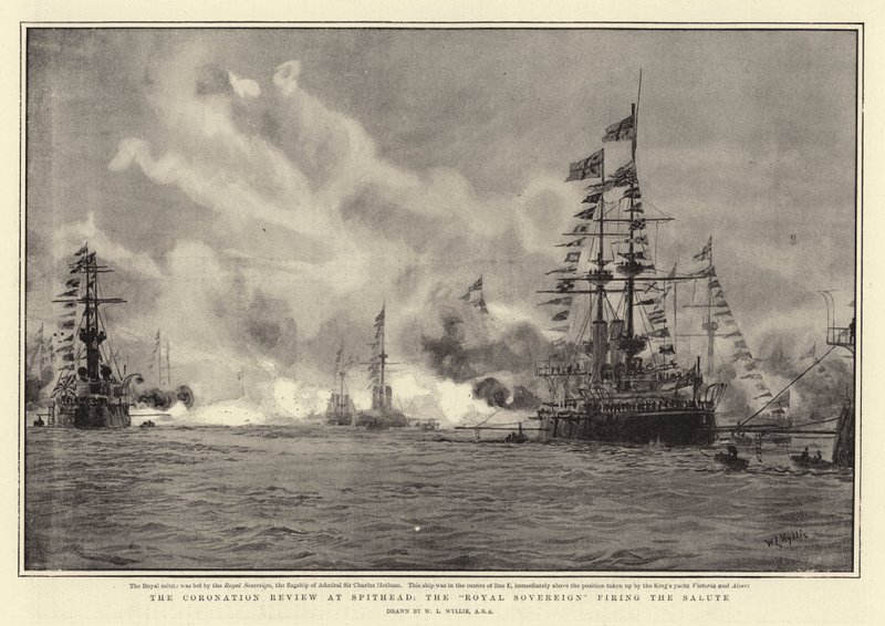 Coronation Review på Spithead, Royal Sovereign avfyrte salutten av William Lionel Wyllie