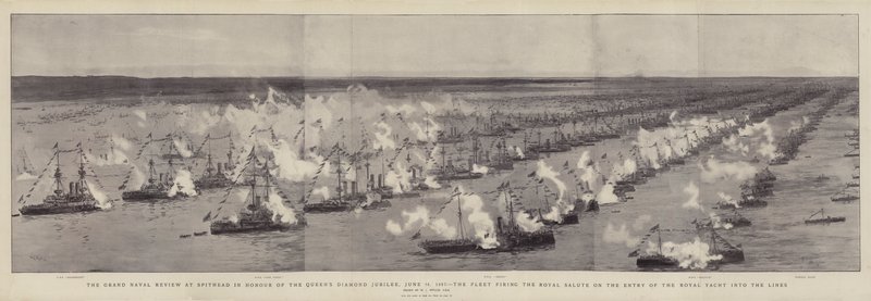 The Grand Naval Review på Spithead til ære for dronningens diamantjubileum, 26. juni 1897, flåten avfyrte Royal Salute ved innslippet av Royal Yacht i linjene av William Lionel Wyllie
