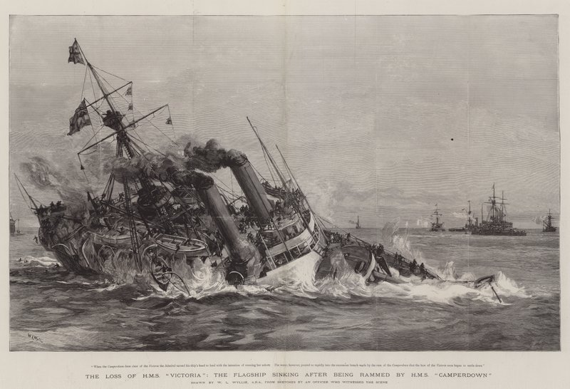 Tapet av HMS Victoria, flaggskipet som synker etter å ha blitt rammet av HMS Camperdown av William Lionel Wyllie