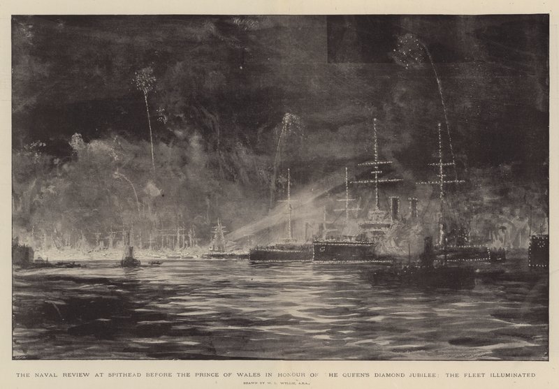 Naval Review på Spithead før prinsen av Wales til ære for dronningens diamantjubileum, flåten opplyst av William Lionel Wyllie