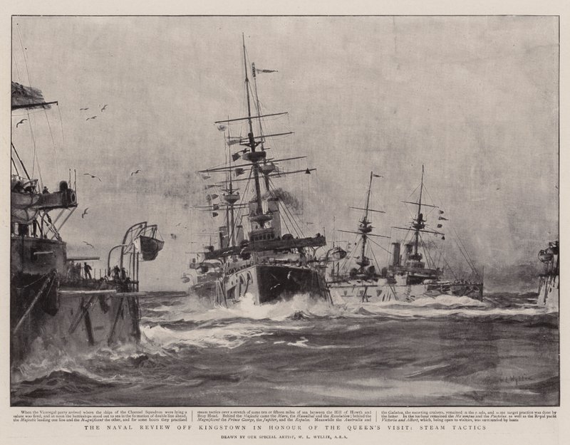 Naval Review utenfor Kingstown til ære for dronningens besøk, Steam Tactics av William Lionel Wyllie