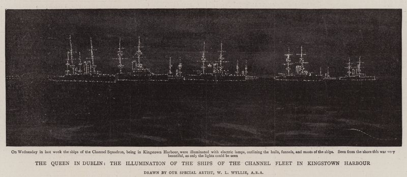 Dronningen i Dublin, belysningen av skipene fra kanalflåten i Kingstown Harbor av William Lionel Wyllie