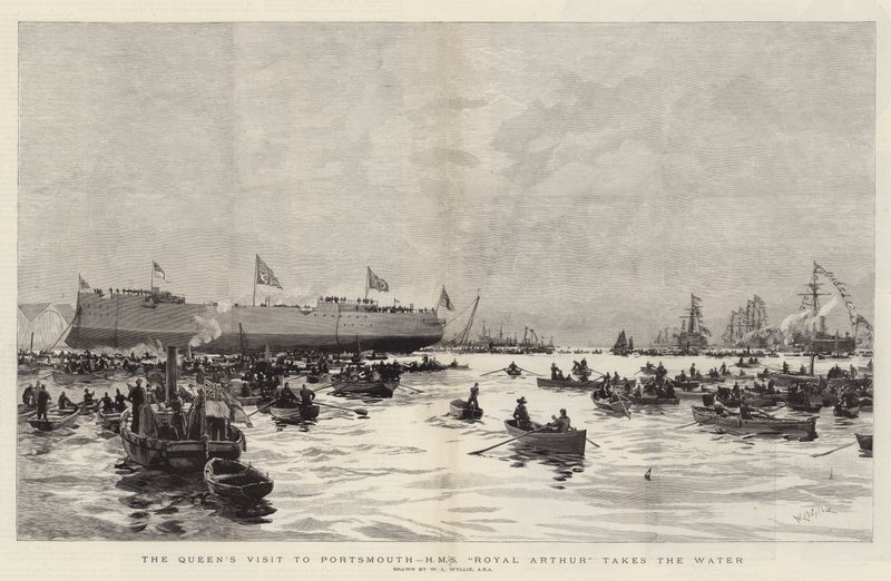Dronningens besøk i Portsmouth, HMS Royal Arthur tar vannet av William Lionel Wyllie