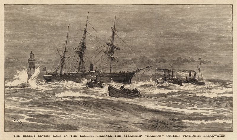 Den nylige alvorlige kulingen i Den engelske kanal, dampskipet Hankow utenfor Plymouth Breakwater av William Lionel Wyllie